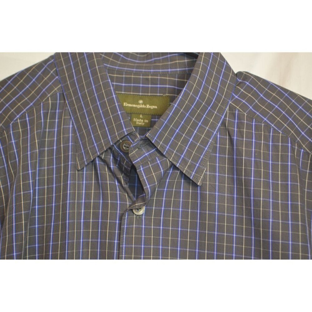 Ermenegildo Zegna Mens Navy Blue Plaid Cotton Casual / Dress Shirt Size: L - Picture 2 of 3